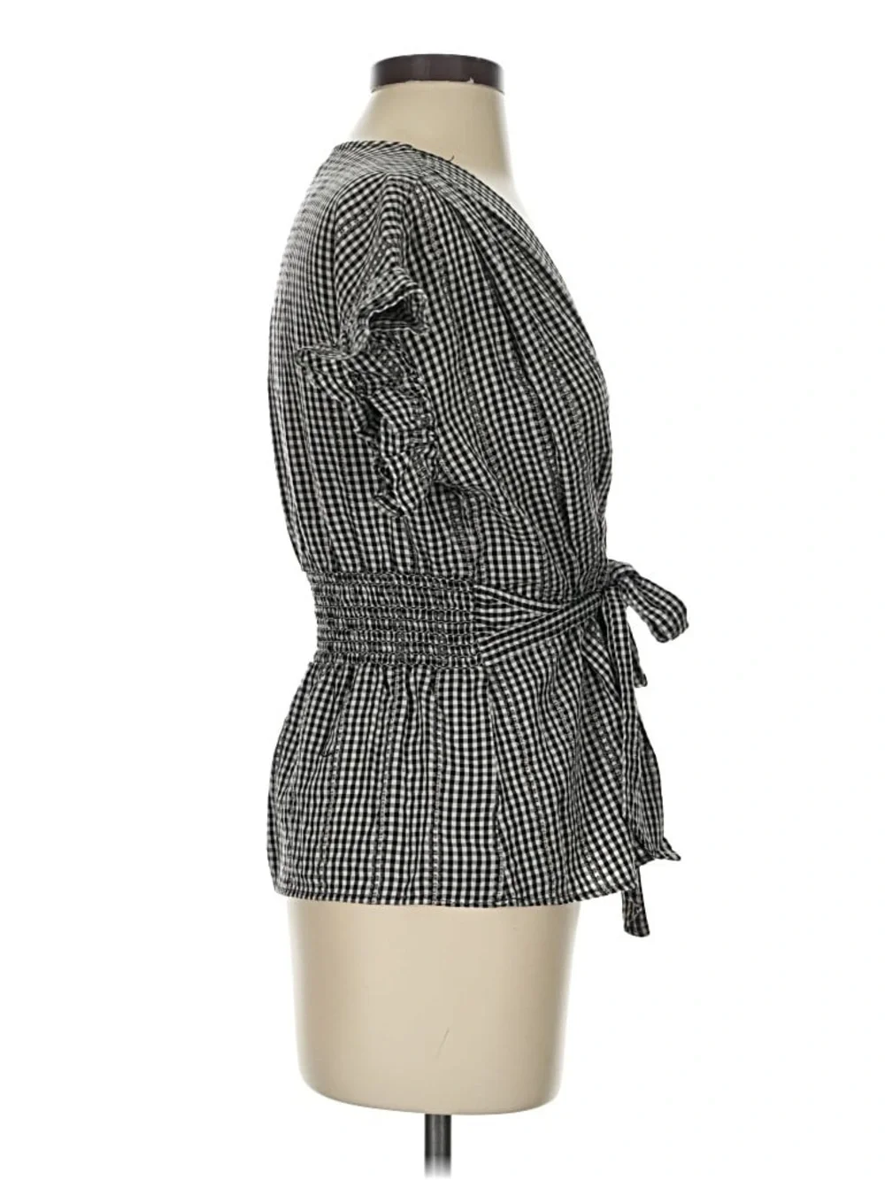 Max Studio Black White Gingham V-Neck Ruffle Sleeve Blouse